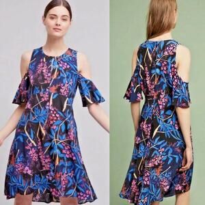 Anthropologie Maeve Elia Dress Cold Shoulder Dress Lined Floral Knee Length 12